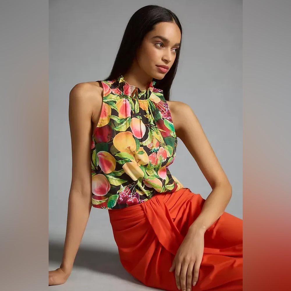 Anthropologie Fruit-Print Ruffled Halter Crop Top in Black, Yellow, Pink, Green